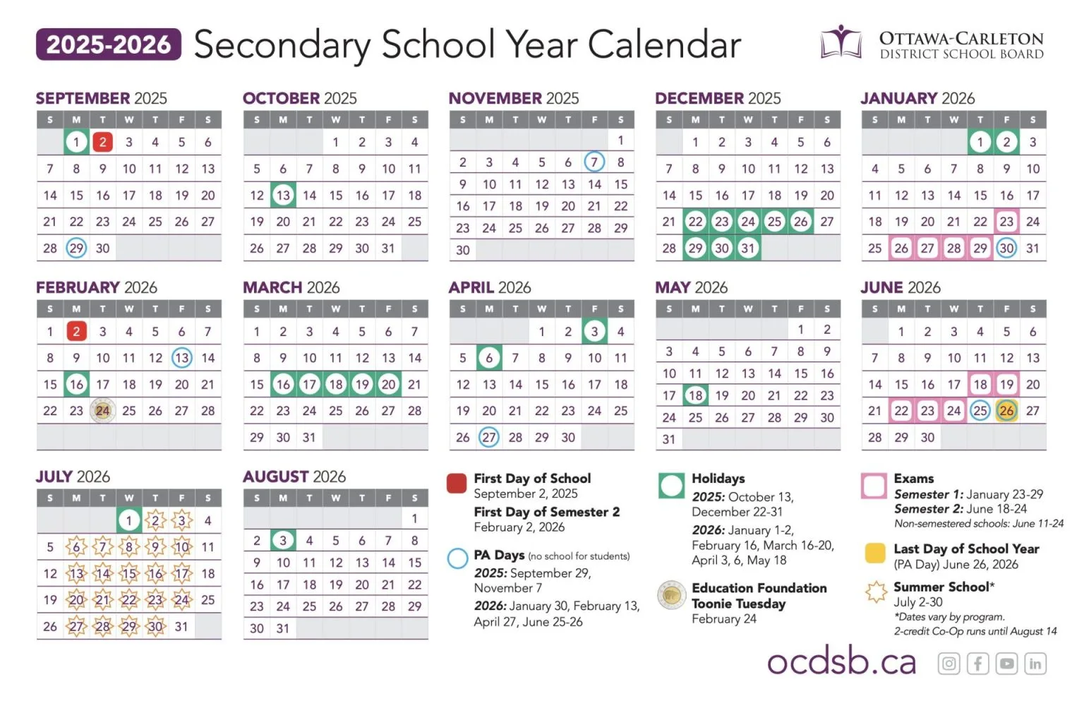 Calendario escolar canadiense con semestres y vacaciones