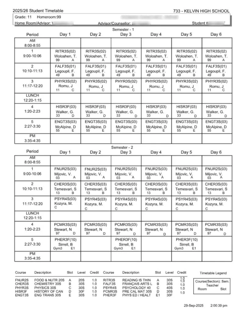 Horario semanal tipo de un estudiante de Grade 10 en Canadá