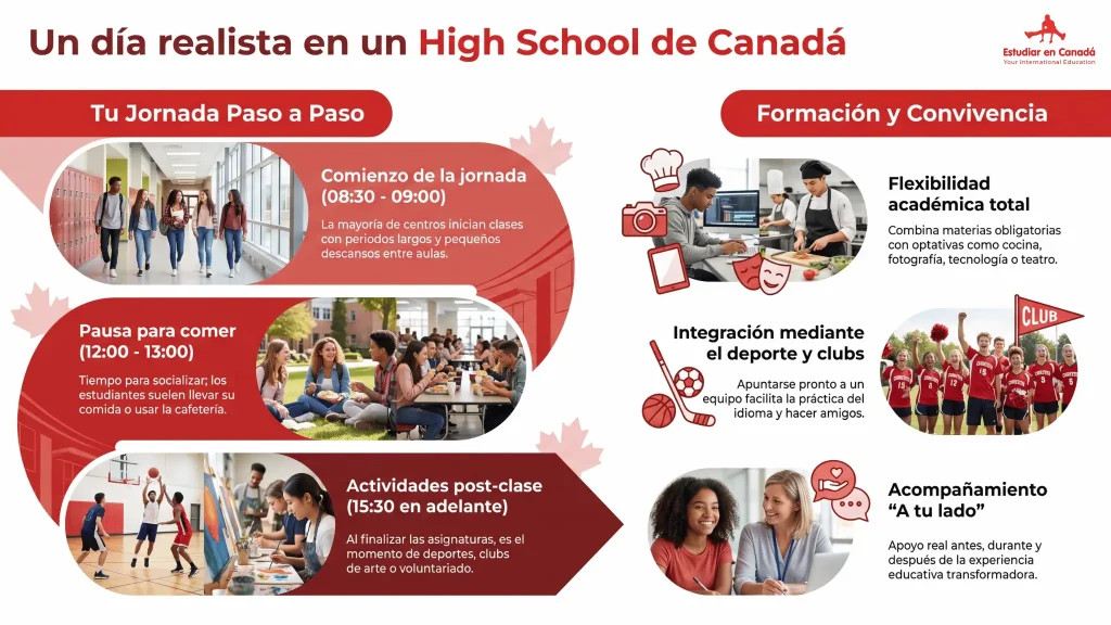 infografía de un día normal en colegios de Canadá
